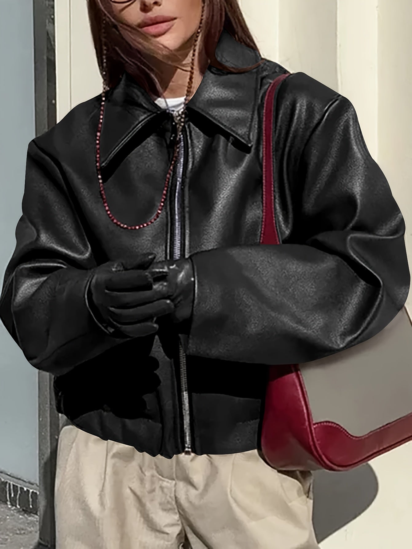 Stylowa Casual Retro Kurtka Motocyklowa dla Kobiet - Kurtka PU