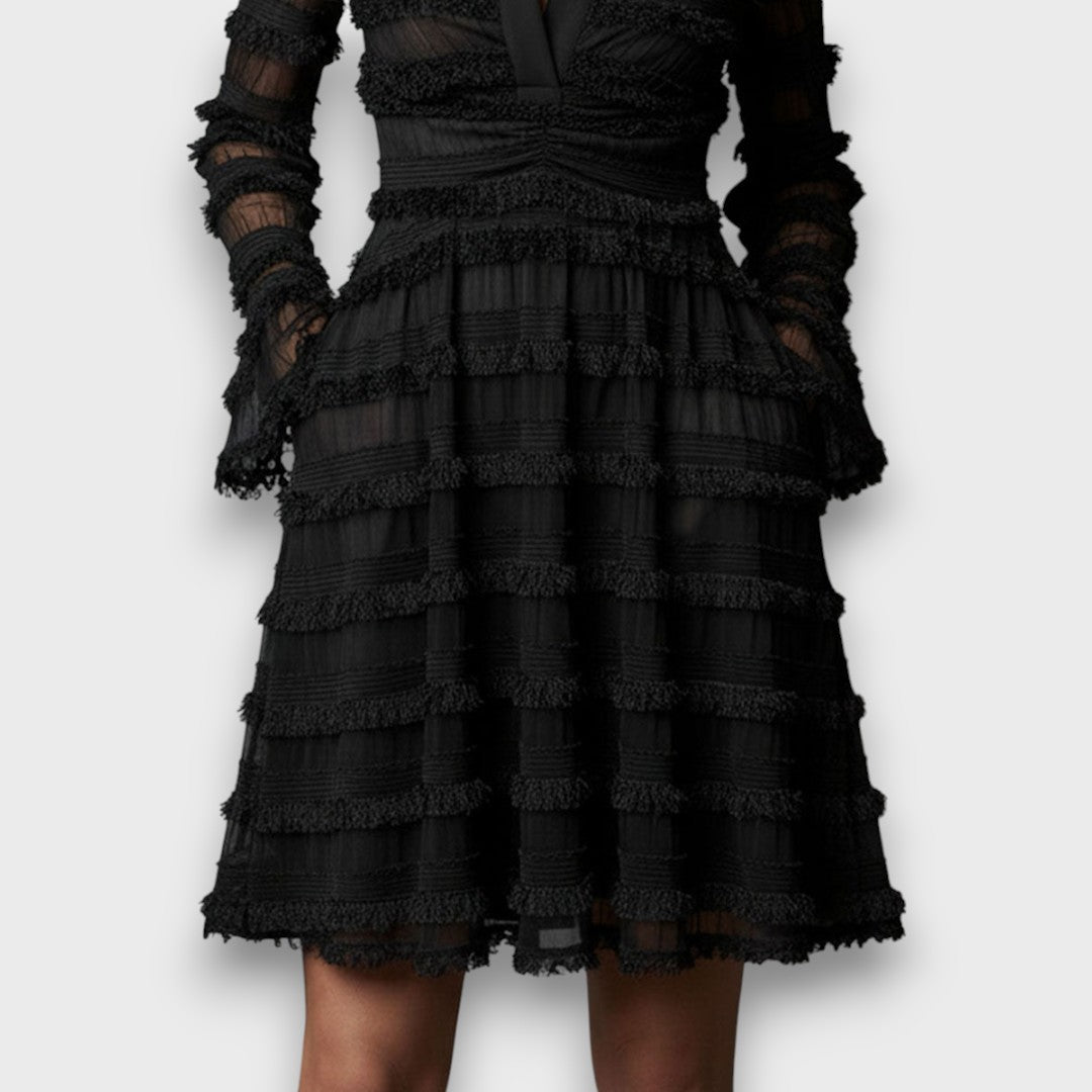 Emilia– Sukienka Midi z Przezroczystymi Frędzlami